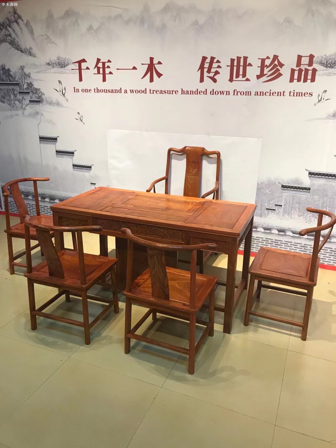 實拍緬甸花梨木茶臺六件套高清圖片效果圖